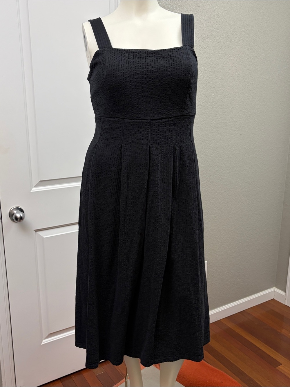 Boden Black Textured Cotton Midi Dress US 14 Square Neck Fit & Flare